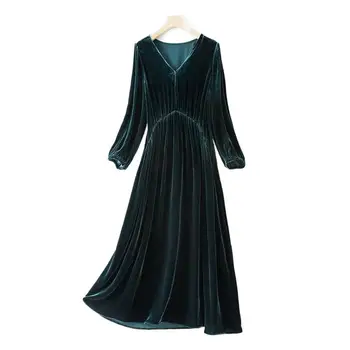 Весенне-осеннее женское Повседневное Свободное вельветовое платье 2023, Винтажное длинное вечернее платье с V-образным вырезом, большие размеры, оборки, Vestidos Зеленого цвета, 10 цветов