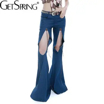 Женские джинсовые брюки GetSpring с заниженной талией, джинсовые брюки-клеш с отверстиями в виде бриллиантов и кисточек, Свободные Длинные Модные женские джинсовые брюки, лето 2022 г.