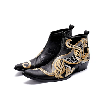 Bota masculina короткие ботильоны Челси обувь из натуральной кожи мужские ковбойские сапоги с золотой вышивкой с высоким берцем мужские с острым носком 2019