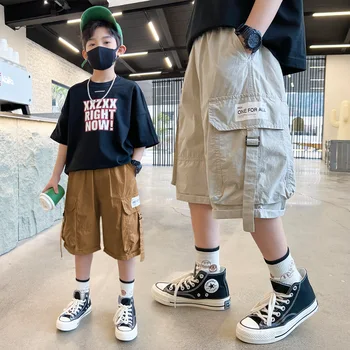 Новые шорты для мальчиков, летние детские однотонные короткие брюки, детские свободные шорты с эластичным поясом и большим карманом, одежда для подростков 6, 8, 10 лет