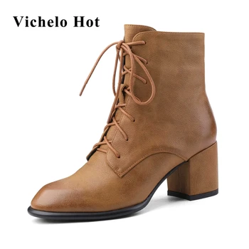 Vichelo/ модный бренд в английском стиле, большие размеры, натуральная кожа, круглый носок, высокие каблуки, модные зимние ботильоны высокого качества в стиле ретро, L11