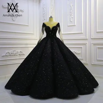 Специальное дизайнерское Блестящее Черное Свадебное платье с длинным рукавом