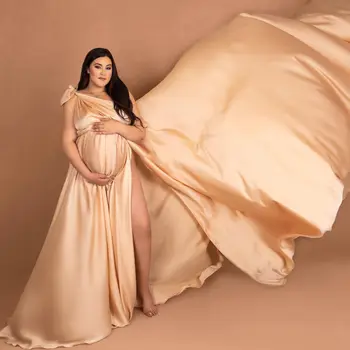 Шелковые атласные платья для фотосъемки беременных с разрезом сбоку на одно плечо, пышное женское платье для выпускного вечера, длинное платье макси в складку
