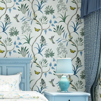 Флизелиновые обои для стен спальни, современные винтажные розовые обои в цветочек, Голубые обои с цветами в виде тропических бабочек и птиц