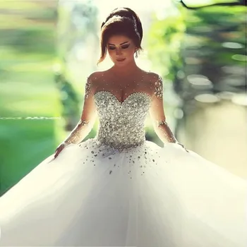 Angelsbridep, Блестящие кристаллы, бальные платья, свадебные платья 2021, свадебные платья из тюля с длинными рукавами, Vestido De Noiva