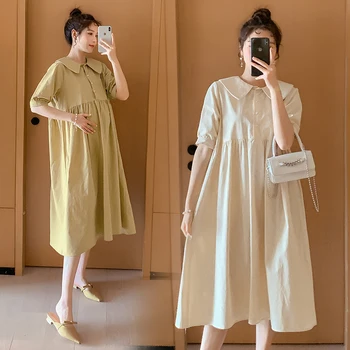 5806 # 2023 Летнее Корейское Модное Хлопковое Длинное платье для беременных, Элегантная Повседневная Свободная одежда для беременных, Сладкая беременность