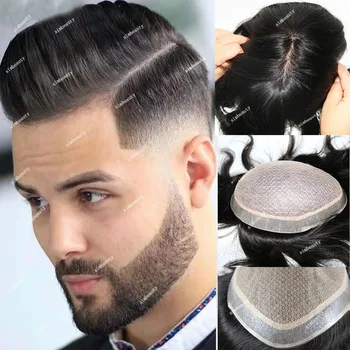 Шелковый топ с натуральной линией роста волос, Кружевная основа, мужской парик из человеческих волос, Поли-Пу Вокруг натуральной кожи головы, система замены протезов