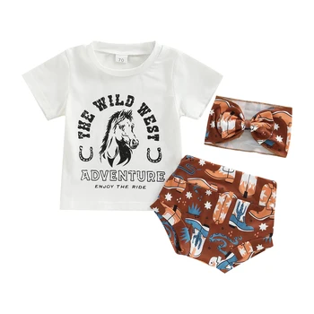Комплект шортиков для маленьких девочек, футболка с принтом лошади с коротким рукавом, шорты с эластичным поясом и лента для волос с бантом