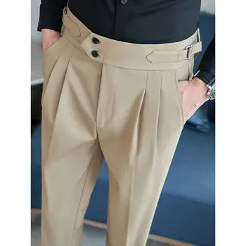 Однотонные брюки с высокой талией в британском стиле, Мужские Официальные брюки 2023, Высококачественные Облегающие Деловые Повседневные костюмные брюки Hommes A111