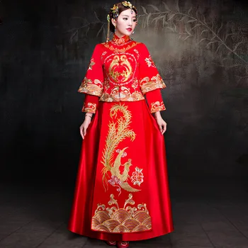 свадебное платье невесты, костюм в традиционном китайском стиле, одежда с вышивкой Феникс чонсам, Роскошное древнее королевское красное платье Ципао