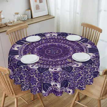 Круглая скатерть с мандалой королевского фиолетового цвета, водонепроницаемая скатерть 60 дюймов, крышка стола для кухни, столовой