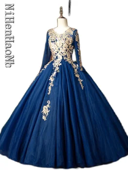 Темно-синее Вечернее платье с длинным рукавом, Пышные платья, Классическое платье для выпускного вечера, Robe De Bal