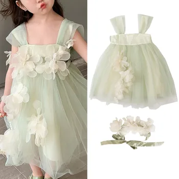 Пышные сетчатые платья, летние платья для девочек, модный дизайн с цветами, детское платье для дня рождения и свадьбы, платье принцессы от 1 до 7 лет