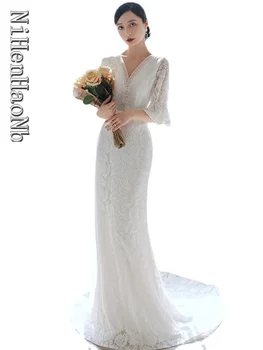 Новые Винтажные свадебные платья с французским кружевом и коротким рукавом для женщин, Корейское свадебное платье с V-образным вырезом, Элегантное Сказочное свадебное платье, халат
