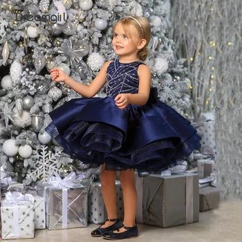 Dreamgirl Королевское синее платье с цветочным узором для девочек, расшитое бисером Платье для маленьких девочек, платье для первого причастия без рукавов, пышное платье для вечеринки по случаю дня рождения