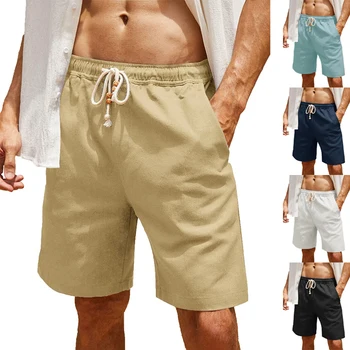 Летние Новые мужские шорты из хлопка и конопли на шнуровке, повседневные брюки с большим карманом, модные дышащие шорты