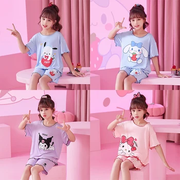 Комплект Детской Пижамы Hello Kitty Sanrio С коротким рукавом, Пижамные Комплекты с Аниме My Melody, Летняя Хлопковая Домашняя Одежда С Героями Мультфильмов, Детская Одежда