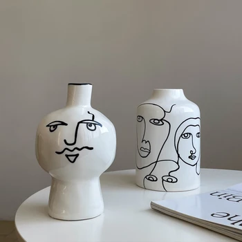 Художественное оформление вазы с абстрактными линиями, цветочная композиция для гостиной, красивая керамическая белая ваза для цветов с узким горлышком