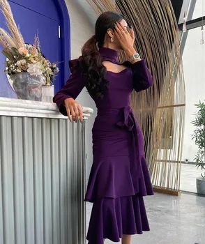 BridalAffair Элегантные короткие фиолетовые вечерние платья с высоким воротом, русалка, вечернее платье чайной длины с оборками и длинным рукавом для женщин