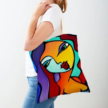 Красочная сумка для покупок с абстрактной живописью, примечание, сумка-тоут, двусторонняя повседневная женская холщовая женская холщовая сумка для покупок