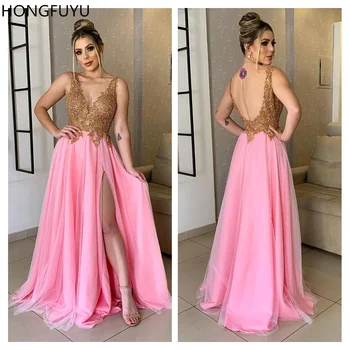 Розовое прозрачное платье HONGFUYU V-образным вырезом vestidos de gala fiesta без рукавов для выпускного вечера с золотыми аппликациями, вечерние платья с длинным разрезом