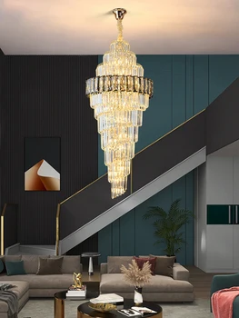 Роскошная хрустальная люстра k9 Длинный Лестничный светильник Украшение гостиной Большого дома Вестибюля отеля Регулируемая Высота светодиодной подсветки