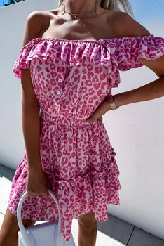 Розовое Леопардовое мини-платье с открытыми плечами, пуговицами и оборками, женское сексуальное облегающее платье с V-образным вырезом, облегающее платье для вечеринок в клубах