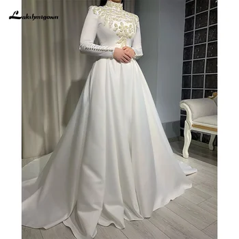 Простое Свадебное платье Трапециевидной формы с Длинными Рукавами и Бисером в Арабском Мусульманском стиле, Блестящее Платье невесты с Пятнами, Шлейф Vestido De Novia