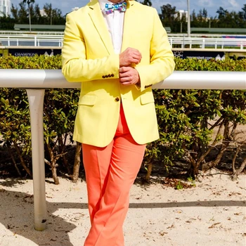 Новый модный джентльменский костюм желтого цвета с оранжевыми брюками для свадьбы, блейзер для мужчин, приталенные комплекты для свадебной вечеринки (куртка + брюки)