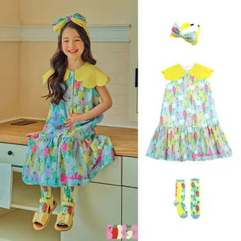 Детское летнее платье, детская одежда, милое кружевное платье с акварельным цветочным рисунком для девочек на шее