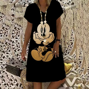 Летнее женское платье Disney с рисунком Минни и Микки Мауса длиной до колен, женское повседневное платье модного дизайна 2022 года