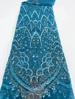 Синие Африканские роскошные кружевные ткани с жемчугом и пайетками, высококачественная тюлевая ткань для жениха, кружево с вышивкой жемчугом для свадебных платьев