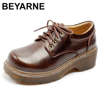 BEYARNEnew/ лоферы на толстой подошве в студенческом стиле, летние маленькие кожаные туфли на шнуровке с круглым носком, увеличивающие рост