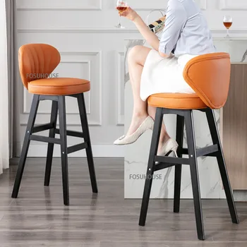 Легкий роскошный барный стул из массива дерева, современный высокий стул с простой спинкой, барный стул, кожаный барный стул, высокий стул, бытовые барные стулья