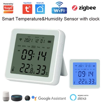 Tuya WiFi Датчик температуры и влажности Комнатный термометр с часами и функцией подсветки Smart Life Alexa Google Voice Control