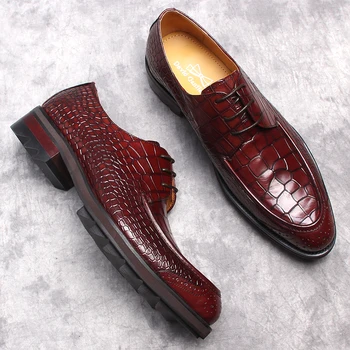 Мужская официальная обувь из натуральной кожи, черные оксфорды с круглым носком и рисунком крокодиловой кожи, деловые мужские модельные туфли на шнуровке для свадебной вечеринки