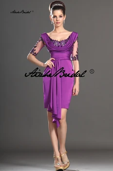 Великолепное платье матери невесты из фиолетового атласа с аппликацией длиной до колена, короткое вечернее платье для выпускного вечера на бретелях