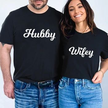 Подходящая рубашка для молодоженов Hubby Wifey, Camiseta, забавные футболки для молодоженов, милая футболка в подарок мужу и жене на годовщину свадьбы