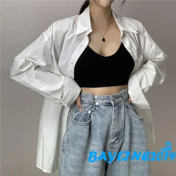 BAYWomen/ Осенние блузки, однотонная свободная рубашка с отложным воротником и длинными рукавами на пуговицах для девочек, белая