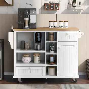 Тележка для кухонного острова со шкафом для хранения и двумя фиксирующимися колесиками, Напольный буфет, сервант для сервировки стола для кухни