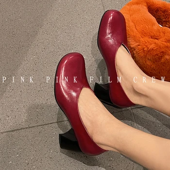 Мюли с круглым носком, качественная обувь на каблуке, туфли-лодочки из натуральной воловьей кожи, весенне-летняя женская обувь, женские туфли-лодочки во французском стиле на квадратном каблуке