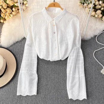 Белая рубашка, вышитый топ с длинным рукавом, Женские Милые свободные рубашки, Женская одежда, Корейская женская одежда, Элегантные женственные рубашки