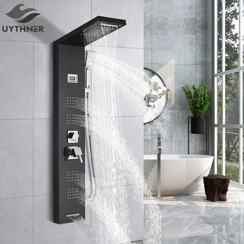 Черный смеситель для душа в ванной с дождевой душевой панелью Смеситель для ванны с ручным душем Температурный экран Массажная система