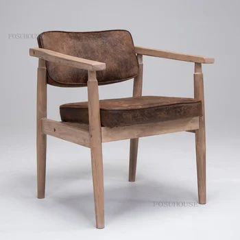 Обеденные стулья в стиле ретро из массива дерева, подлокотник для домашнего отеля, кожаная спинка, стул для кафе, обеденный стул для учебы, стул для отдыха