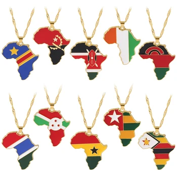Хип-хоп Карта Африки Кулон Ожерелье Ювелирные изделия Ангола Кения Малави Гамбия Буру Кот д'Ивуар Зимбабве Гана Того Мужчины Женщины Колье