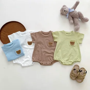 Детская летняя одежда для новорожденных мальчиков и девочек, детское боди, милый костюм для ползания с треугольным рисунком и короткими рукавами-мишками