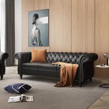 Современный 3-местный диван, мягкая мебель, рулонный подлокотник, классический диван Chesterfield с хохолком, кожаный диван со спинкой из хохолка