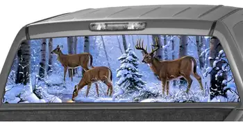 Семейство оленей в заснеженном лесу Графическая наклейка на заднее стекло, Тонирующая наклейка для перфорированного винила грузовика