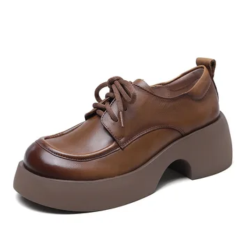 Модные весенне-осенние женские туфли-лодочки в стиле ретро из натуральной кожи на квадратном каблуке с круглым носком, женская однотонная обувь в стиле ретро коричневого цвета