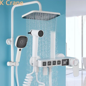 Белая цифровая душевая система, смеситель для горячей и холодной воды в ванной, Термостатический набор для душа, Настенный смеситель с квадратной головкой, СПА-кран для душа, ванна